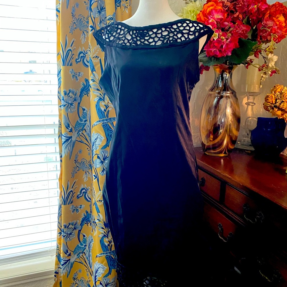 Voodoo Vixen Navy Blue Cutwork Neck Sheath Dress